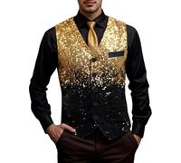 Caxndycing Sequin Vest Men's Sequin Vest Set V-Neck Shiny Vest with Bow Tie Men Dance Vest Suit Vest Disco Prom Party Carnival Party Costume, gold, XL