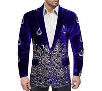 Caxndycing Suit Jacket Men's Velvet Casual Jacket with Gold Embroidery Leisure Shiny Ethnic Blazer Slim Fit Tuxedo Jacket with Floral Pattern Leisure Suit Comfort Fit Lightweight Coat, navy, M