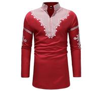 Caxndycing Traditional African Long Sleeve Shirt Shiny Metallic Pattern Printed Shirts African Nobility Clothing Men's African Print Long Sleeve Shirt, red, XL