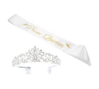 CAXUSD 2pcs Graduation Party Prom Queen Sash and Crown Set with Rhinestones, Featuring a Silver Fabric and Alloy Hairband that Is Not Easy to Break or Deform, and Women Attending