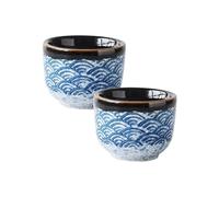 CAXUSD 2pcs Japanese-Style Ceramic Glazed Sake Cups 35ml Sea Ripple Pattern Set for Traditional Sake Serving at Home and Dining