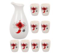 CAXUSD Ceramic Sake Pot Set with 1 Red Pot 250ml and 8 Cups 20ml, Elegant Printed Design for Storing and Dispensing Sake, for Tea Party or Holiday
