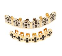 CAXUSD Golden Plated Punk Teeth Grill with Rhinestone Bling for Men Women Durable Hip Hop Style Bottom Top Tooth Caps Unique Cosplay Party Costume Jewelry for Halloween and Themed Events