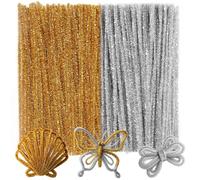 Caydo 200 Pieces Glitter Golden & Silver Pipe Cleaners, Thick Fluffy Chenille Stems for Arts & Crafts, Perfect for Making Animals, Flowers, and Home Decorations