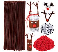 Caydo 400 Pieces Christmas Pipe Cleaners Sets Include Brown Craft Chenille Stems, Red Pompoms and Wiggle Eyes for Craft and Art DIY Decoration
