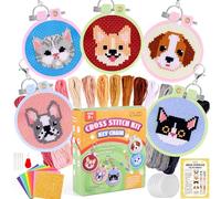 Caydo 5 PCS Cross Stitch Kits for Kids with Cats and Dogs Patterns Stamped Cross Stitch Kits for Beginners DIY Key Chain, Backpack Charms, Craft Ornaments