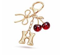CAYLEKI Gold-Tone Letter A Keychain with Bow and Cherry Pendant, Cute Initial Bag Charm for Women, Fashion Purse Accessory for Handbag Backpack Keys A-Z