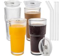 CAYOREPO 20oz Ribbed Glass Cups with Lids and Straws 4 Set, Vintage Glassware for Whiskey Cocktail Beer, Glass Tumbler, Iced Coffee Cups For Cold Drinks, Smoothie, Juice,Drinking (4)