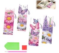 CAYUDEN 4pcs Lavender Diamond Art Bookmarks, 5D DIY Butterfly Diamond Painting Bookmark Crystal Set with Flower Beaded Pendant Making Crafts Kits for Adult Women Book Reader Home Office Birthday Gift