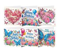 CAYUDEN Diamond Art Birthday Cards for Adults, 6 Pack Butterfly DIY Gem Art | 5D Diamond art Greeting Cards with Envelopes, Happy Birthday Card Craft Kit, Flowers Crystal Art Cards for Friends, Family