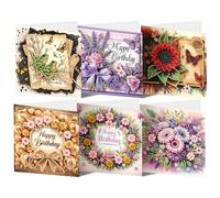 CAYUDEN Diamond Painting Birthday Cards, 6 Packs Flower Happy Birthday Diamond Painting Cards DIY Handmade Diamond Art Painting Greeting Card with Envelope Gem Art Cards for Friends, Family, Lovers