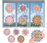CAYUDEN DIY Diamond Art Window Stickers for Adults, 6pcs Mandala Suncatchers Reusable Stained Glass Decals 5D Diamond Painting Static Window Stickers, Gem Craft Mosaic Kit for Kids Indoor Decor, Gift