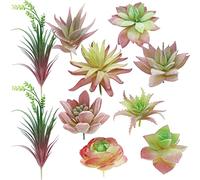 Cayway 10 PCS Artificial Succulent Plants, Pink & Blue Stemmed, Mixed Variety (Gem Lotus, Aloe, Dandelion), Whimsical Style, Straight Shape, Perfect for Home, Office, Wedding Decor