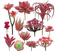 Cayway 12 PCS Artificial Succulent Plants, Red Fake Succulent, Unpotted Faux Succulent Assortment in Flocked Purpl in Different Type for Birthday Home Decor Indoor Wall Garden DIY