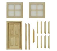 Cayway 2 PCS Dollhouse Windows, 1 PCS Miniature Wooden Door,1:12 Scale Mini Window Frame for DIY Dollhouse or Model Town Accessory