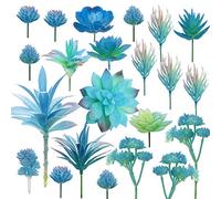 Cayway 21 PCS Artificial Succulent Plants, Blue Fake Succulent, Unpotted Faux Succulent Assortment in Flocked Blue in Different Type for Birthday Home Decor Indoor Wall Garden DIY