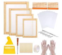 Cayway 42 PCS Screen Printing Kit, 4 Different Size of Wood Silk Screen Printing Frame with Mesh, Screen Printing Squeegees, Ink Knife, Inkjet Transparency Film, Mask Tape, Gloves
