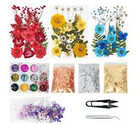 Cayway 82 PCS Natural Dried Pressed Flowers Leaves Glitter and Accessories Kit with Tweezers, Scissors for DIY Candle Resin Jewelry Nail Pendant Crafts Art Floral Decoration