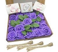 Cayway Artificial Flowers Rose, Fake Foam Roses, Artificial Rose Flowers Box Set with Stems, Hemp Rope, Greetings Blank Cards for Wedding Bridal Bouquets, DIY Flowers Arrangement, Party, Purple