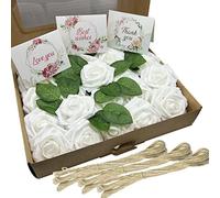 Cayway Artificial Flowers Rose, Real Looking Blush Foam Fake Roses, Foam Roses with Stems, Hemp Rope, Greetings Blank Cards for Wedding Bridal Bouquets, DIY Flowers Arrangement, Party, White