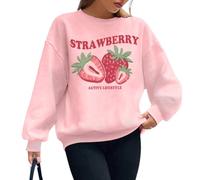 Cayxatiu Cute Strawberry Graphic Sweatshirts for Women Kawaii Printed Crewneck Sweatshirt Aesthetic Womens Long Sleeve Shirts, Pink, Large