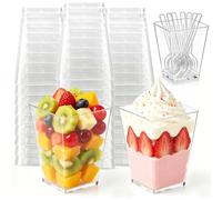 Cayxenful 150ml /5OZ Plastic Dessert Cups with Spoons, 50 Pack Reusable Clear Mini Dessert Cups, Square Dessert Bowls, Cheesecake Pots, Dessert Containers for Pudding, Fruit, Mousse,Ice Cream,Parfait