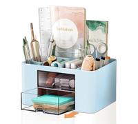 Cayxenful Desk Organiser 2 Drawers, Multifunctional Plastic Stationary Organiser,5 Compartments Storage Holder Stationery Supplies Organizer, Aesthetic Pencil Cup Pot For Office, School, Home(Blue)