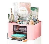 Cayxenful Desk Organiser Tidy, 2 Drawers Plastic Table Stationary Organiser with 5 Compartments Desktop Storage Holder Stationery Supplies Organizer for Office, School, Home(Pink)