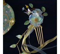 Cayyoomm White Camellia with Pearl and Leaves Tassel Hanfu hairpin Chinese ancient hairpin headwear classical hair pin Han element (Camellia)