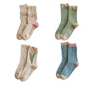 CazDopaM 4 Pairs tulip Cute Socks, Women's Lace Ruffles Ankle Casual Sock, Cottagecore Breathable Mid Tube Socks, Floral Crew Socks, Multicolor, 0