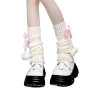 CazDopaM Cute Lolita leg covers Japanese Style Knitted Warm Bow Socks with Pom-Poms White Slouch Socks for JK Uniform, Pink, One Size