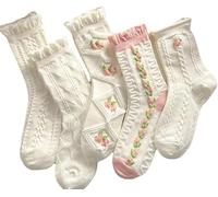CazDopaM Floral Socks 5 Pairs Embossed Crimped Socks Aesthetic Elastic coquette socks Casual Socks Ruffle Ankle Socks 5-pairs, 5-pairs a, One size