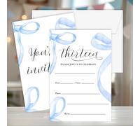Cazhes Birthday Invitations Girl, 20 Double-Sided 13th Birthday Invites with Envelopes, Blue Bow Party Decorations Supplies Favors - B02