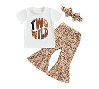 Caziffer 3Pcs Set Toddler Baby Girl 4th Summer Clothes Birthday Outfit Four Ever Wild Short Sleeve Shirts Leopard Flare Bottom Pant Headband (Wild Two, 2-3 Years)