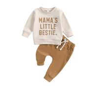 Caziffer Baby Boy 2Pcs Fall Outfits Long Sleeve Letter Heart Print Mama's Little Bestie Pullover + Solid Pants Set Toddler Clothes (Brown, 12-18 Months)