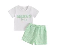 Caziffer Baby Boys Girls Summer Outfits MAMA's Boy MAMA's Girl Letter Embroidery Short Sleeves T-Shirt and Elastic Plaid Shorts Set for 2 Piece (A Green, 3-6 Months)