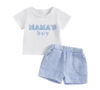 Caziffer Baby Boys Girls Summer Outfits MAMA's Boy MAMA's Girl Letter Embroidery Short Sleeves T-Shirt and Elastic Plaid Shorts Set for 2 Piece (A Blue, 3-6 Months)
