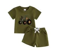 Caziffer Baby Boys' Outfit Summer Casual Waffle T-Shirt Vehicle Tractor Embroidery Top and Drawstring Solid Shorts 2Pcs Playwear Clothes for Toddlers (Army green, 3-4T)