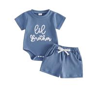 Caziffer Baby Boys Summer Outfits Lil Brother Letters Embroidery Short Sleeve Crewneck Bodysuit T-shirt Elastic Drawstring Shorts 2Pcs Waffle Knit Clothes (Blue, 3-6 Months)