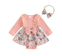 Caziffer Baby Girl 2Pcs Fall Outfits Long Sleeve Plaid Print Ribbed Patchwork Jumpsuit Romper Dress with Bow Headband Set Infant Clothes (Pink, 9-12 Months)