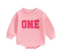Caziffer Baby Girl Boy Birthday Outfits Letter One/Two/Three/Four Embroidery Sweatshirt Romper Unisex Cake Smash Clothes (Pink Romper One, 12-18 Months)