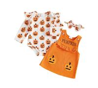 Caziffer Baby Girls Halloween Outfit 3Piece Clothes Set Pumpkin Ghost Bodysuit Romper Embroidery Suspenders Tank Dress Overall Dress with Bow Headband Toddlers Girl Halloween Costume