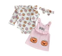 Caziffer Baby Girls Halloween Outfit 3Piece Clothes Set Pumpkin Ghost Bodysuit Romper Embroidery Suspenders Tank Dress Overall Dress with Bow Headband Toddlers Girl Halloween Costume