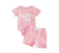 Caziffer Baby Girls Summer Clothes Set Daddy's Girl Outfit Letter Embroidery Striped Short Sleeve Romper and Elastic Shorts Newborn Cute 2Pcs Clothes Suit