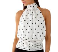 Caziffer Chiffon Halter Tops Women High Neck Backless Tie Open Back Bubble Crop Tank Top Y2K Going Out Cami Shirt (Polka Dots White, XL)