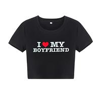 Caziffer Couple Short Sleeved T-Shirt Spring Summer Women Mini Crop Tops O Neck Letter Heart Print I Love My Girlfriend Boyfriend Men T-Shirt (Women Black, L)