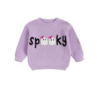 Caziffer Girls Halloween Knit Sweater Long Sleeve O Neck Letter Ghost Embroidery Pullover Knitwear (Purple, 18-24 Months)