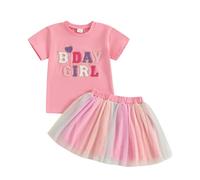 Caziffer Kids Girls Birthday Outfits Letter Embroidery Short Sleeve T-Shirt and Rainbow Tiered Layered Puffy A-Line Tutu Tulle Skirt (A Pink, 7-8 Years)