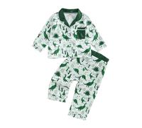 Caziffer Little Boy 2Pcs Spring Lounge Outfit Sets Lapel Neck Button-up Tops Elastic Waist Long Pants Dinosaur Print Loungewear Set Casual Clothes (Green, 3-4 Years)