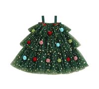 Caziffer Little Girl Christmas Dress Star Sequin Print Square Neck Sleeveless Layered Tutu Tulle Dress with Plush Ball (Green, 12_months-24_Months)